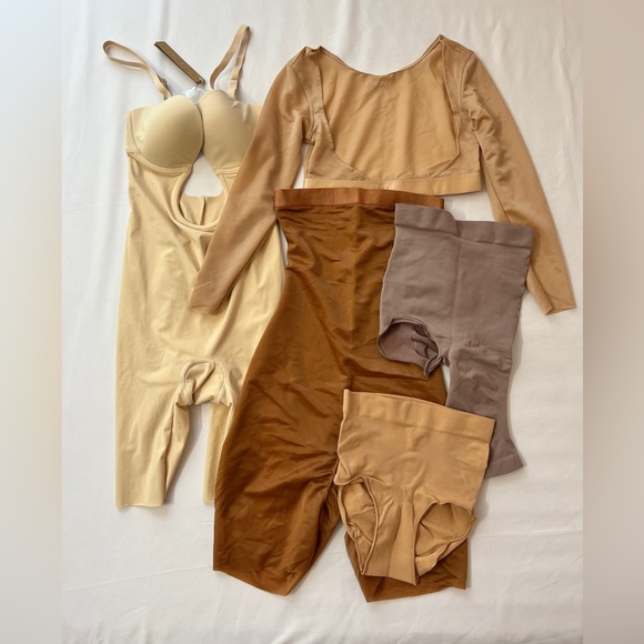 SKIMS Other - SKIMS Sculpting Deep Plunge Shapewear Mid Thigh Bodysuit Shorts Arm Bundle